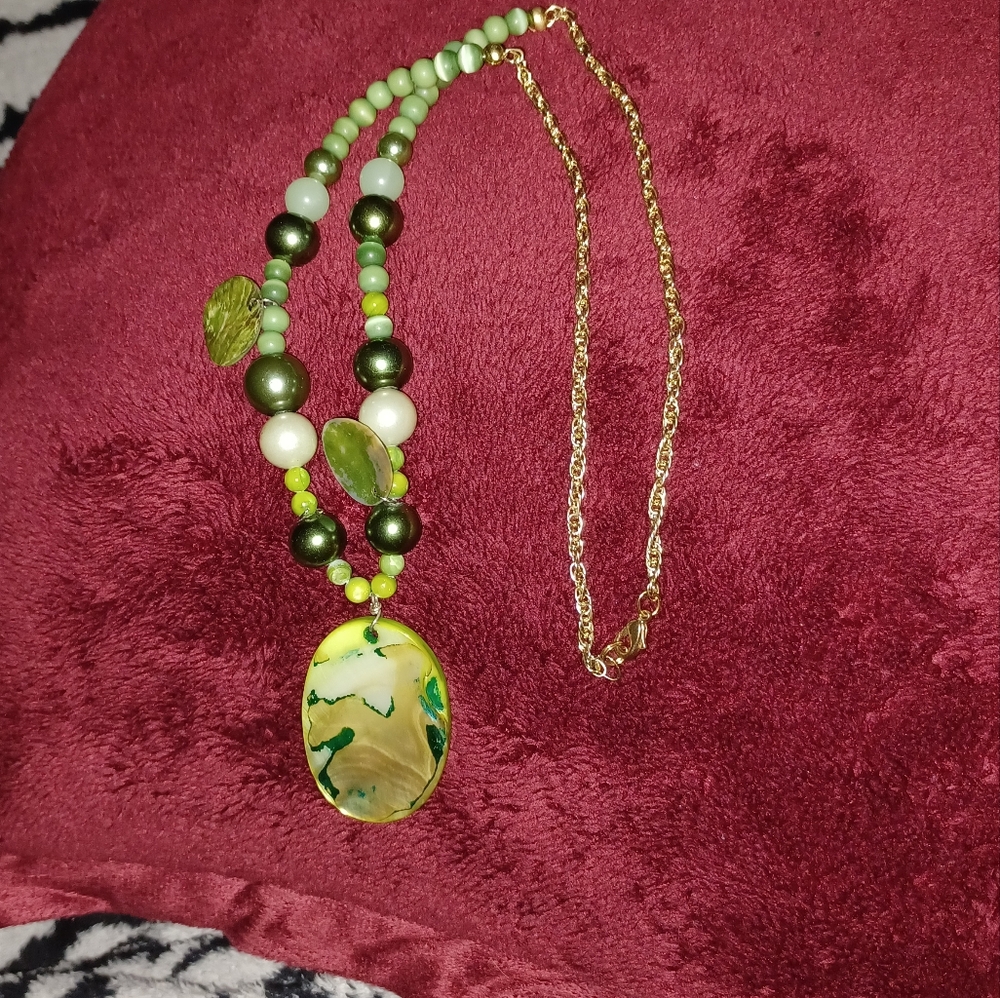 Green and Gold Beaded Necklace with Pendant